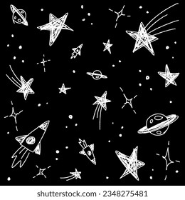 Cute Confetti Star Galaxy Space Night Sky Meteor Shooting Star Planet Saturn Rocket. Sprinkle Sparkle Shine. Doodle Scribble Sketch Brush Pen Ink. Abstract White Seamless Pattern Black Background.