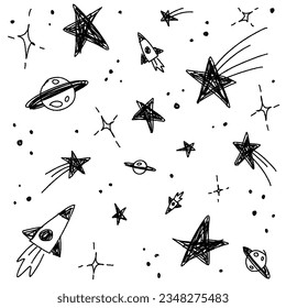 Cute Confetti Star Galaxy Space Night Sky Meteor Shooting Star Planet Saturn Rocket. Sprinkle Sparkle Shine. Doodle Scribble Sketch Brush Pen Ink. Abstract Black Seamless Pattern White Background.