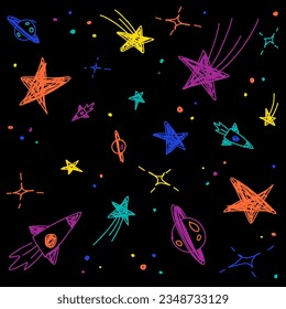 Cute Confetti Star Galaxy Space Night Sky Meteor Shooting Star Planet Saturn Rocket. Sprinkle Sparkle Shine. Doodle Scribble Sketch Pinselspitze Tinte. Abstrakte Farbe - Nahtloser schwarzer Hintergrund des Musters.