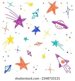 Cute Confetti Star Galaxy Space Night Sky Meteor Shooting Star Planet Saturn Rocket. Sprinkle Sparkle Shine. Doodle Scribble Sketch Brush Pen Ink. Abstract Color Seamless Pattern White Background.