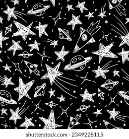 Cute Confetti Star Galaxy Space Night Sky Meteor Shooting Star Planet Saturn Rocket. Sprinkle Sparkle Shine. Doodle Scribble Sketch Brush Pen Ink. Abstract White Seamless Pattern Black Background.