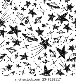 Cute Confetti Star Galaxy Space Night Sky Meteor Shooting Star Planet Saturn Rocket. Sprinkle Sparkle Shine. Doodle Scribble Sketch Brush Pen Ink. Abstract Black Seamless Pattern White Background.