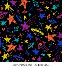 Cute Confetti Star Galaxy Space Night Sky Meteor Shooting Star Planet Saturn Rocket. Sprinkle Sparkle Shine. Doodle Scribble Sketch Brush Pen Ink. Abstract Color Seamless Pattern Black Background.