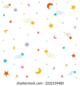 Cute Confetti Star Space Sky Meteor Shooting Star Crescent Moon Sprinkle Shine Small Polkadot dot Line Mini Herd Abstrakte farbenprächtige Pastellfarben Nahtloser Musterhintergrund