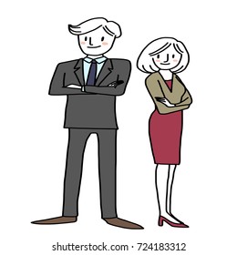 Cute and confident businessman and businesswoman standing together with arm crossed. Vector illustration with hand-drawn style.