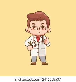 Cute confident doctor medical personnel chibi character kawaii chibi character mascot illustration outline style design set