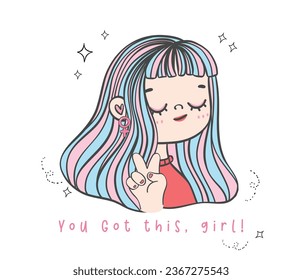 Cute and confident young girl making the OK hand gestures cartoon illustration. This pastel-colored cartoon character embodies the spirit of feminism, equality, and positivity