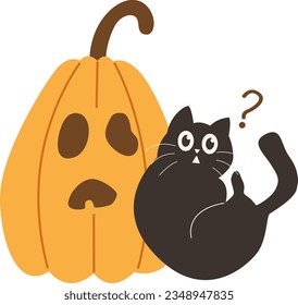 Cute Confuse Halloween Black Cat Witch Interaction Jack-o-lantern Facial Expressions Pumpkin Vector Illustration