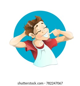 Cute confused boy laughs at the situation. Vector Illustration.