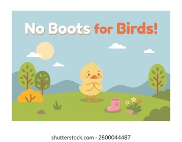 Cute confused duckling looking at lost pink rain boot vector children book cover design