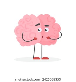 Cute confused human brain character, nervous and shy emoticon vector illustration