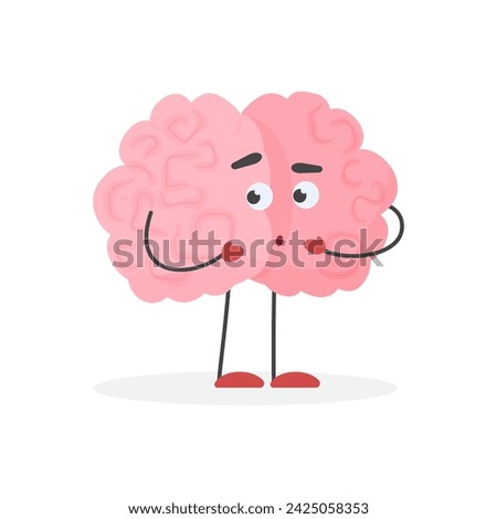Cute confused human brain character, nervous and shy emoticon vector illustration