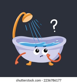 Cute confused with question mark decoration bathtub character mascot vector illustration isolated on dark background. Hygiene themed cartoon comic flat art characters with colors.