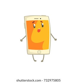 Cute confused smartphone character with an orange screen, arms and legs cartoon vector Illustratio