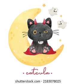 Cute Confusing Balck Cat In Vampire Costume Sitting On Crescent Moon Animal Cartoon Character Watercolor Illustration Vector