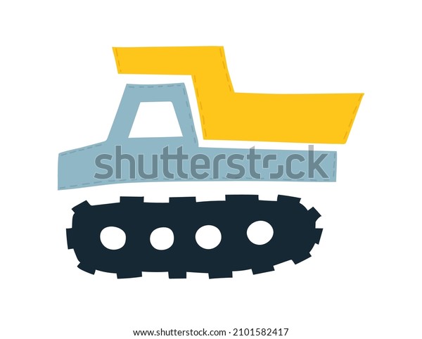 Cute Construction\
caterpillar dump truck with bright colored details. funny car for\
fabric, textile and wallpaper design in scandinavian style. Hand\
drawn vector illustration