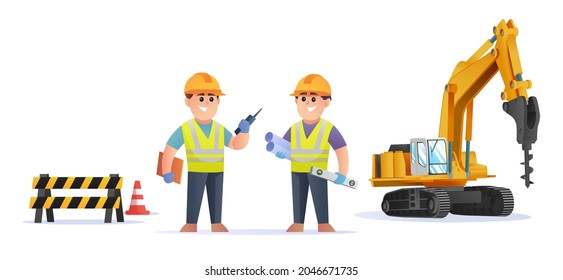 Cute construction engineer characters with drill excavator, construction sign, and traffic cone illustration