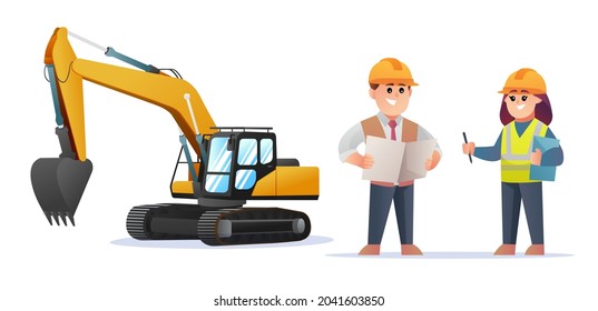 Cute construction foreman and female engineer characters with excavator illustration