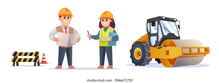 Cute construction foreman and female engineer characters with steamroller compactor, construction sign, and traffic cone illustration