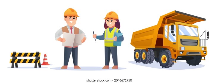 Cute construction foreman and female engineer characters with truck, construction sign, and traffic cone illustration