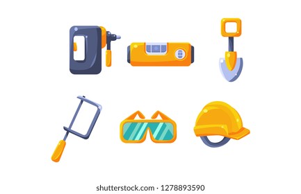 Cute construction hand tools, level, shovel, hacksaw, protective glasses, hard hat vector Illustration