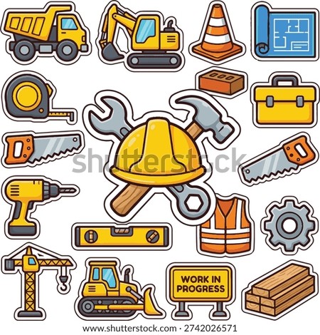 Cute Construction Hard Hat Vector Sticker. Yellow builder helmet with crossed hammer and wrench.