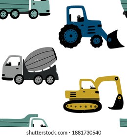 Cute construction machines seamless pattern for boys. Perfect for textile, fabrics and apparel. Scandinavian style vector illustration.