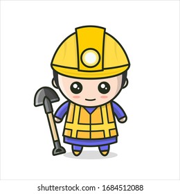 Cute Construction man Kawaii Stand  with grey shovel and yellow helmet male Mascot Character Cartoon Vector Illustration Flat Design Concept. Isolated on White Background