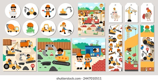 Cute construction site and road work cards set with funny kid builders, transport, bulldozer, tractor, truck, crawler crane, animals. Vector building works square, round, vertical print templates
