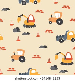 Cute construction site Seamless Pattern, Cartoon building area background, vector Illustration.