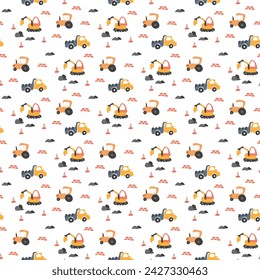 Cute construction site Seamless Pattern, Cartoon building area background, vector Illustration.