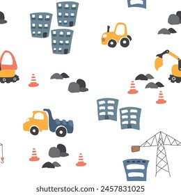 Cute construction site Seamless Pattern, Cartoon building area background, vector Illustration.