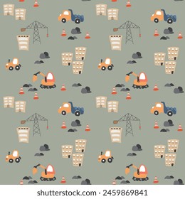 Cute construction site Seamless Pattern, Cartoon building area background, vector Illustration.