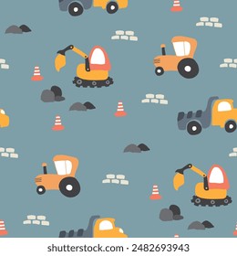 Cute construction site Seamless Pattern, Cartoon building area background, vector Illustration.