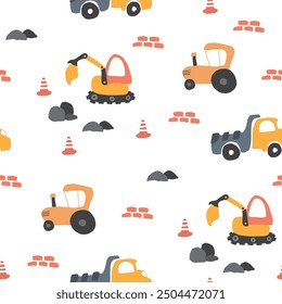 Cute construction site Seamless Pattern, Cartoon building area background, vector Illustration.