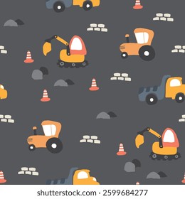 Cute construction site Seamless Pattern, Cartoon building area background, vector Illustration.