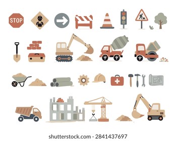 Cute construction site vector element set with heavy machinery. isolated elements excavator, concrete mixer, dump truck, tower crane, road signs, building materials.  for kids nursery design, print