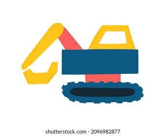 Cute Construction tracked excavator with bright colored details. funny car for fabric, textile and wallpaper design in scandinavian style. Hand drawn vector illustration