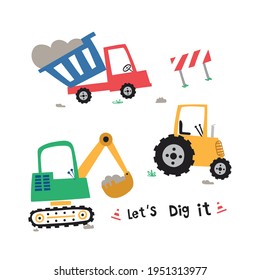 Cute Construction Trucks Vector Illustration For Kids