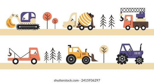 Cute construction vehicles on the road. Children vector set with tractor, truck, concrete mixer, excavator. Vector cars in scandinavian style. Hand drawn diggers. Objects on white isolated background.