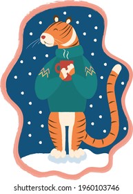 A cute contented tiger in a sweater stands under the snow and holds a cup of hot drink in his hands. New Year's illustration. Chinese New Year. 2022 Year of the Tiger.