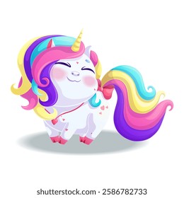 A cute contented unicorn. A charming animal with a bright face and a golden horn on a white background. Isolated vector illustration for design, prints and patterns.