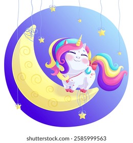 A cute contented unicorn stands on a month. A charming animal with a bright mane and a golden horn on a dark blue background with stars. Vector illustration for design, prints and patterns.