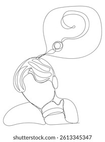 Cute continuous line sketch character man with question mark decoration line art male boy confused idea question mark quiz questionnaire choose continuous line hand drawn vector.