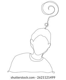 Nette kontinuierliche Linie Skizze Charakter Mann mit Fragezeichen Dekoration Linie Kunst männlich Junge verwirrt Idee Fragezeichen Quiz Fragebogen wählen kontinuierliche Linie handgezeichnet Vektor.