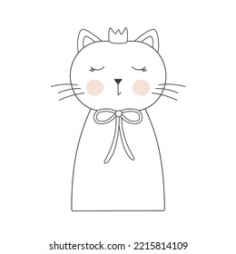 Cute contour cat with small crown, bow and pink cheeks