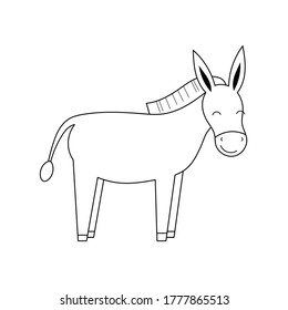 Cute contour doodle donkey. Farm animals and birds.Illustration for childrens coloring book. Vector isolated on white background