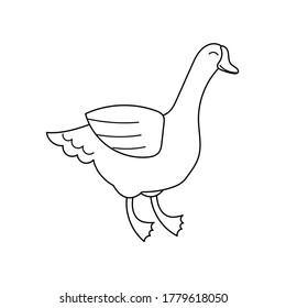 Cute contour doodle goose. Goose liver, foie gras. Farm animals and birds.Illustration for childrens coloring book. Vector isolated on white background