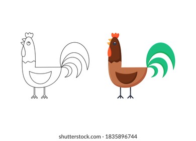 Cute contour doodle rooster. Farm animals and birds.Illustration for childrens coloring book. Vector isolated on white background