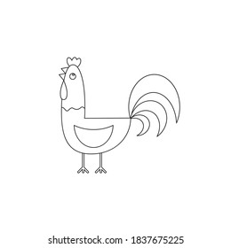 Cute contour doodle rooster. Farm animals and birds.Illustration for childrens coloring book. 